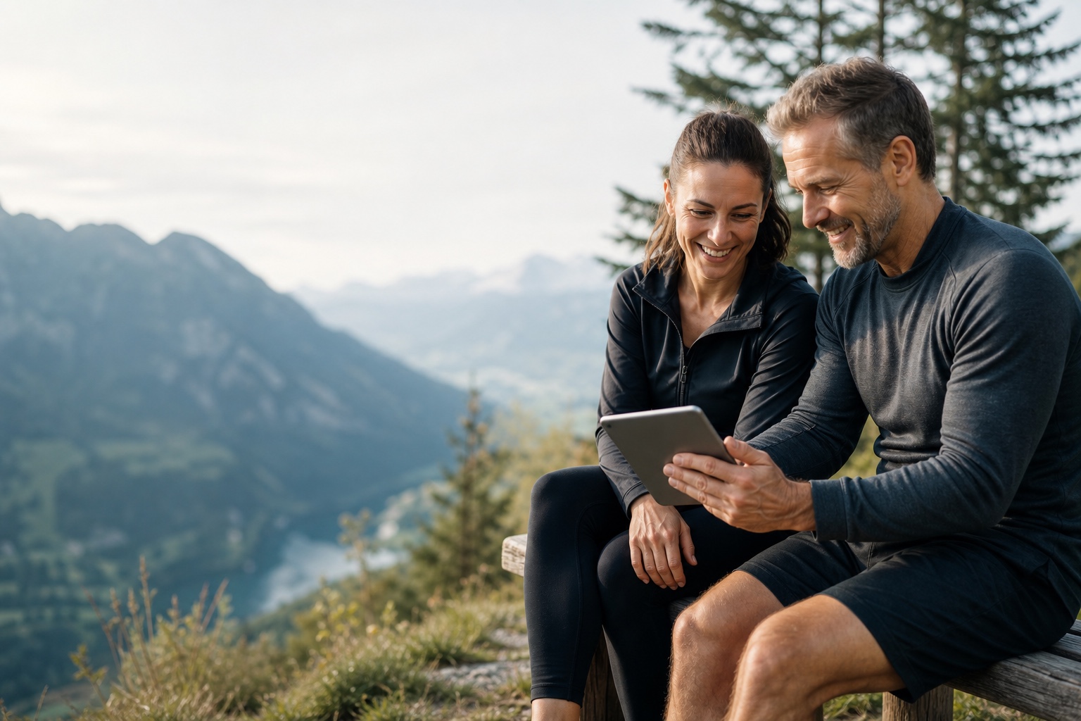 Zwei Sportler besprechen draussen den Trainingsplan auf dem Tablet