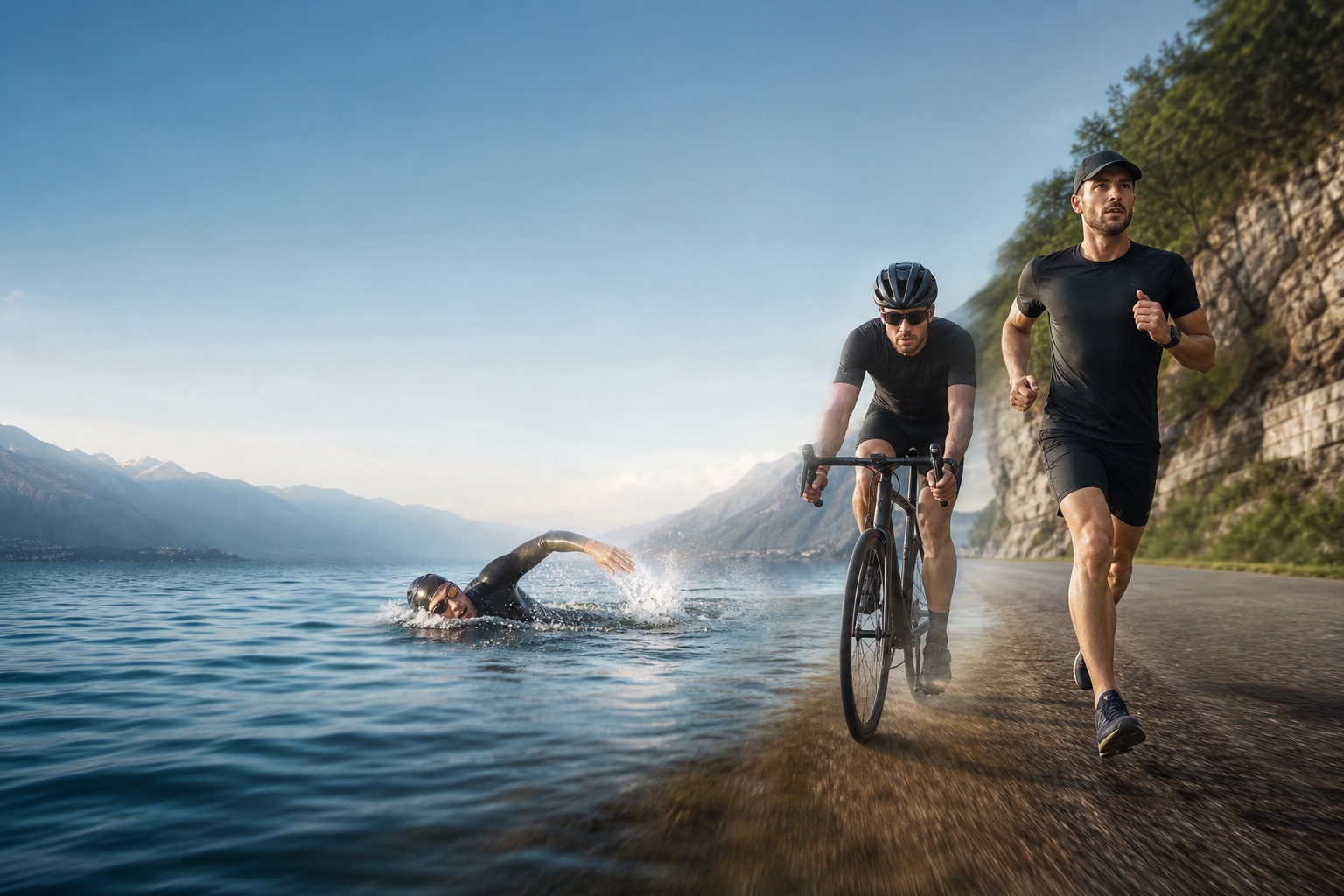 Triathlon-Motiv: Schwimmen, Radfahren und Laufen in einem Bild