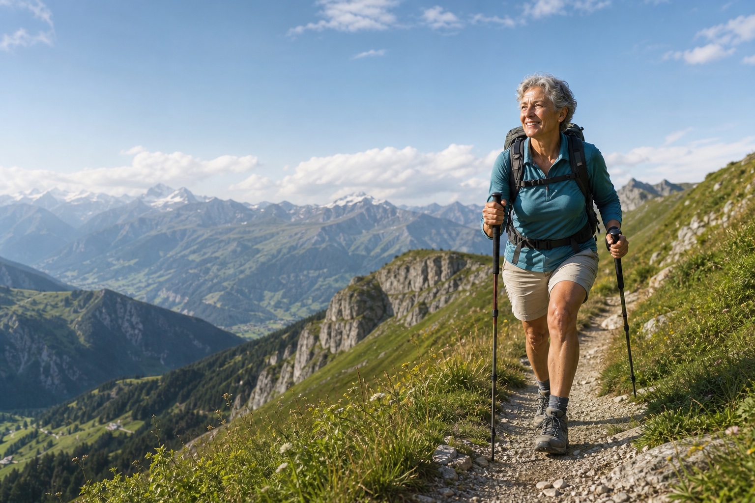 Wanderin mit Stöcken auf einem Bergweg – Training kennt kein Alter