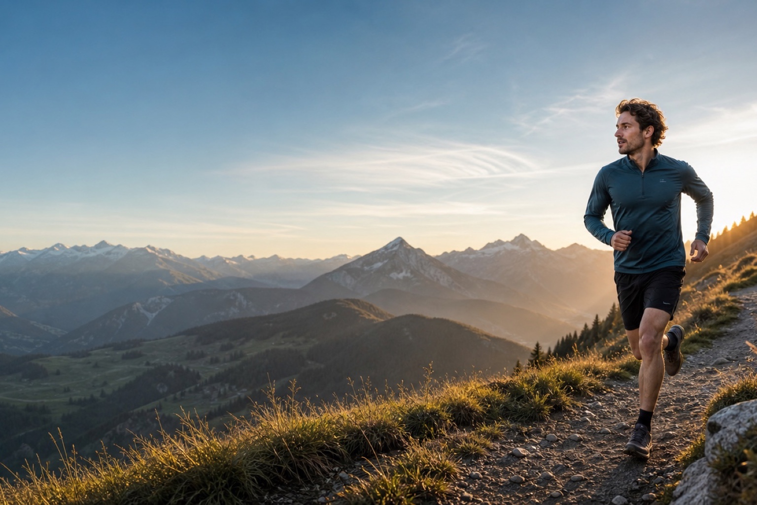 Trailrunner im Morgenlicht über einem Schweizer Bergpanorama