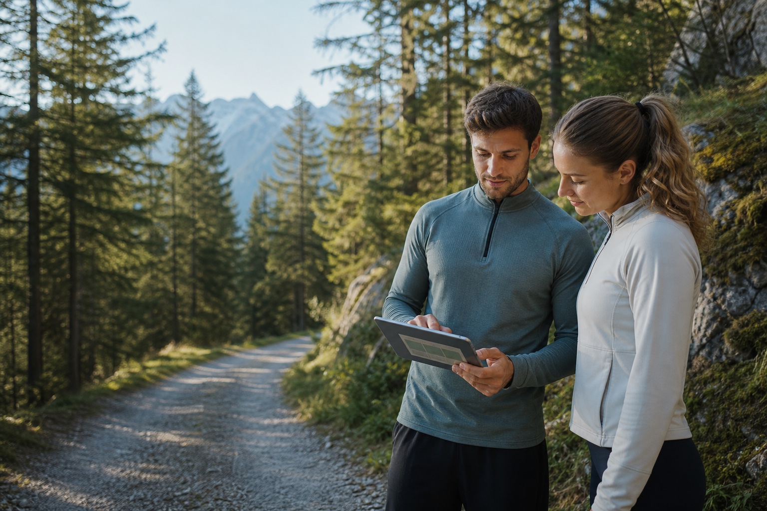 Zwei Sportler schauen sich draussen den Trainingsplan auf dem Tablet an